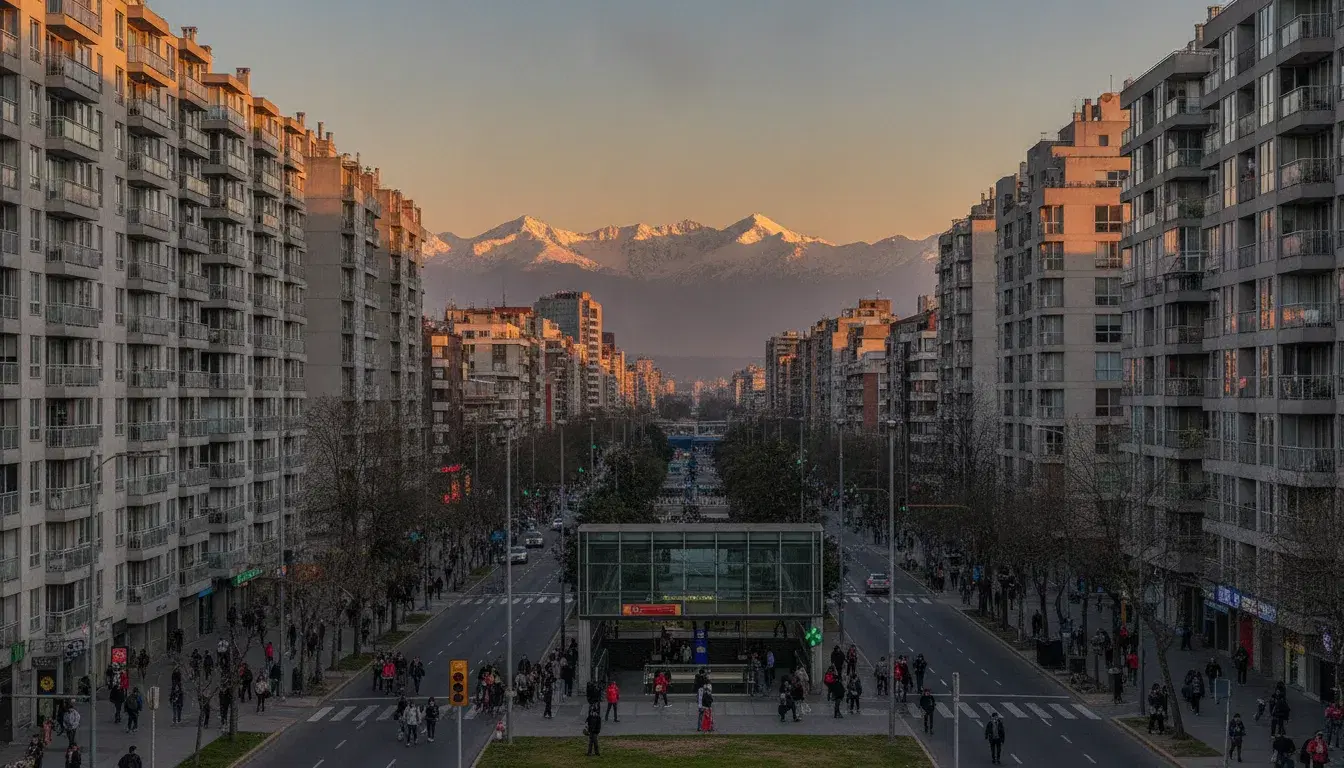 Avenida con edificios de departamentos y acceso al Metro en Estación Central, Santiago, al atardecer con la cordillera de los Andes nevada al fondo