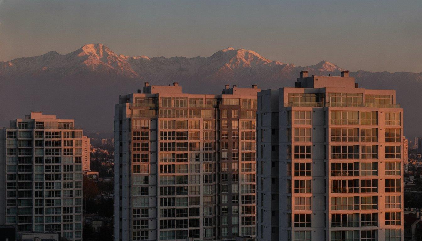 Edificios de departamentos nuevos en Santiago al atardecer con la cordillera de los Andes nevada al fondo