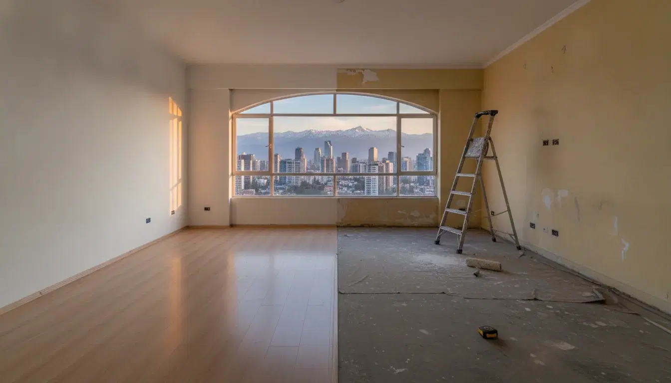 Departamento antiguo en Santiago a medio remodelar, con piso nuevo de un lado y muros gastados del otro, frente a la cordillera de los Andes al atardecer