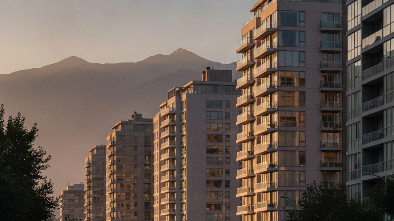 Edificios de departamentos nuevos en Santiago al atardecer, con la cordillera de los Andes al fondo