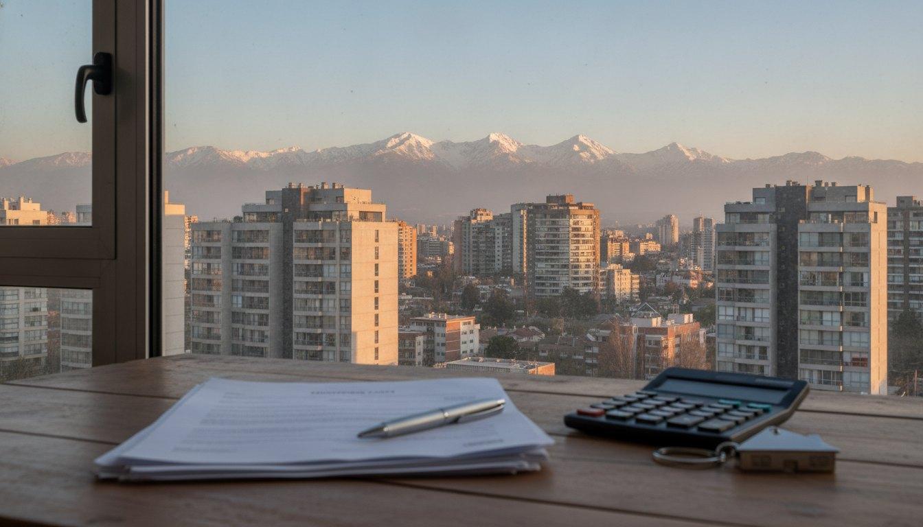 Documentos de crédito hipotecario, una calculadora y un llavero con forma de casa sobre una mesa, frente a edificios de Santiago y la cordillera de los Andes al atardecer