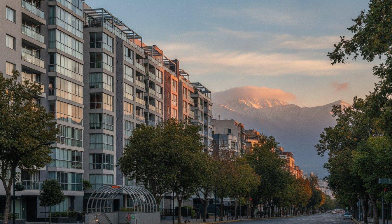Edificios de departamentos en una avenida arbolada de Ñuñoa con la cordillera de los Andes al atardecer